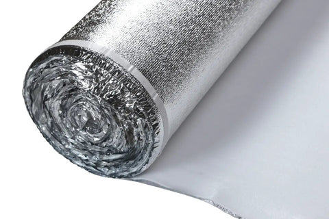 Heavy Duty Floor Underlayment With Advanced Moisture Vapor Barrier And Slick Silver Chrome Finish rolled up with vapor barrier tape.