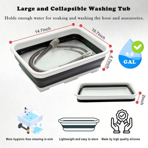 Collapsible wash basin for All In One CPAP Cleaning Kit with hose inside, shown with 22mm tubing compatibility, 2.5-gallon capacity.
