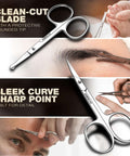 Two Piece Nose And Eyebrow Scissors Set For Men And Women Stainless Steel Small Grooming Scissors With Curved And Rounded Heads Easy Trim For Nose Hair Ear Hair Eyebrows Beard Mustache Lashes Eyelashes Pro Grade Quality displayed with close-up views of trimming uses