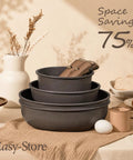 27 Piece Nonstick Pots And Pans Set With Detachable Handle nested for space-saving storage, kitchen utensil settings, and bread.