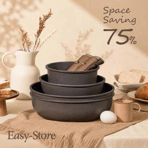 27 Piece Nonstick Pots And Pans Set With Detachable Handle nested for space-saving storage, kitchen utensil settings, and bread.