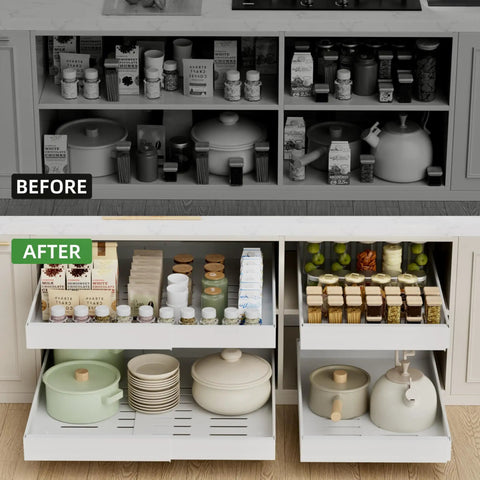 Super Slick Slide Out Cabinet Organizer Baskets For Kitchen Pantry And Under Sink Storage Extra Deep Twenty One Inch Expandable Four Pack with before and after comparison.