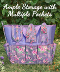 Purple 10 Piece Heavy Duty Garden Tool Set With Tote Bag, floral design tools displayed, including rake, trowel, fork.