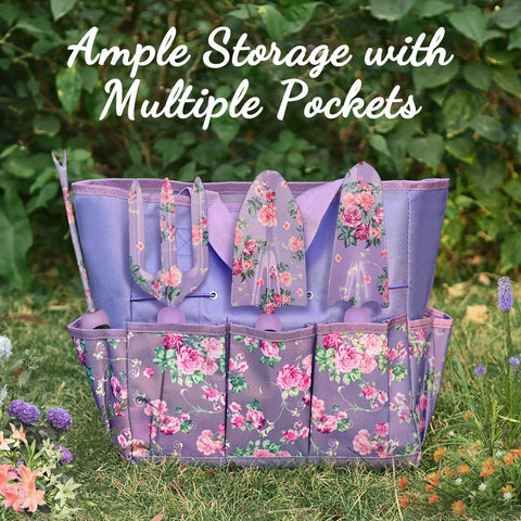 Purple 10 Piece Heavy Duty Garden Tool Set With Tote Bag, floral design tools displayed, including rake, trowel, fork.