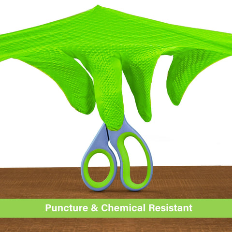 Close-up of green disposable mechanic glove with raised diamond grip; latex-free, XL