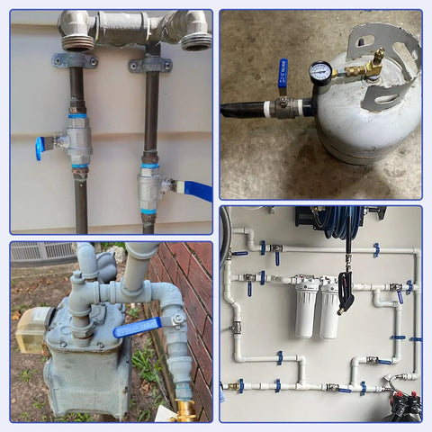 2 Pack One Half Inch Stainless Steel Ball Valve 304 Full Port NPT Female shown installed on various piping systems.