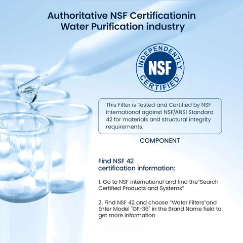 NSF certification logo and details about the Road Tripper Essential RV And Marine Water Filter Arrives With Flexible Hose Protectors.