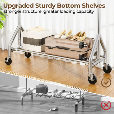 Built Like A Tank Heavy Duty Steel Rolling Clothes Rack Holds 450 Lbs With Sturdy Shelves For Hanging Jeans Coats Dresses Portable Wardrobe With Quiet Casters Easy To Move Around Your Room Silver Finish Garage Ready