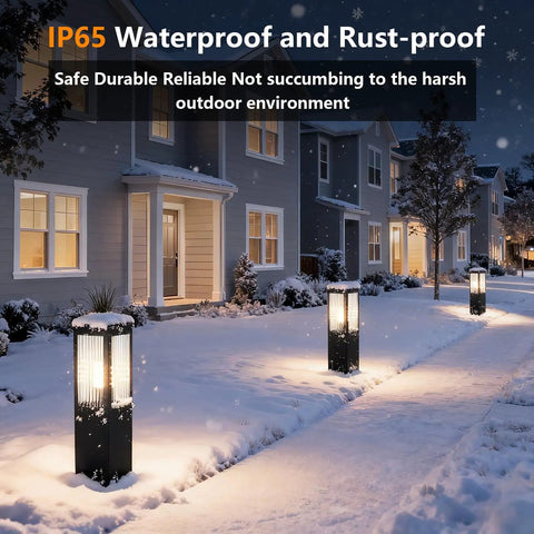 Heavy Duty Outdoor Path Light 15.75 Inches Modern Landscape Bollard illuminating a snowy walkway in winter.