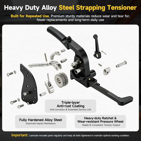 Heavy Duty Manual Steel Strapping Tensioner With Pro-Grade Ergonomic One-Hand Pusher Bar For Quick Bundling, Fits 3/8 To 1/2 Inch Steel Straps, Ideal For Warehouse And Factory Use, Durable And Easy To Use, Fast Adjustable Tension, exploded view