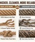 Infographic comparing Heavy Duty Natural Jute Rope 1.5 Inch Thick, 100 Feet Long with ordinary rope, highlighting quality features