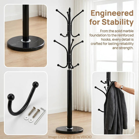 Heavy Duty Standing Coat Rack With Marble Base And 12 Metal Hooks Freestanding Coat Tree 130 Lb Capacity Black Finish