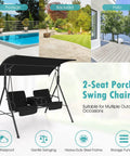 Two Person Outdoor Porch Swing With Canopy, Storage Table, Cooler Bag, And Cup Holders for poolside and backyard use