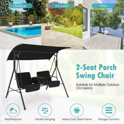 Two Person Outdoor Porch Swing With Canopy, Storage Table, Cooler Bag, And Cup Holders for poolside and backyard use