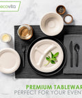 Fully Compostable 380 Piece Cutlery Set With 7 Inch Forks Spoons And Knives In Black Tray Eco Friendly Durable Heat Resistant Plastic Alternative For Parties And Events Great For Camping Picnic Catering And Office Lunches, black compostable fork, knife, and spoon on table setting