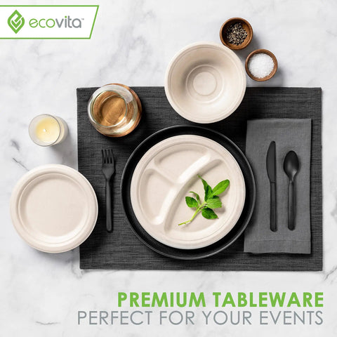 Fully Compostable 380 Piece Cutlery Set With 7 Inch Forks Spoons And Knives In Black Tray Eco Friendly Durable Heat Resistant Plastic Alternative For Parties And Events Great For Camping Picnic Catering And Office Lunches, black compostable fork, knife, and spoon on table setting