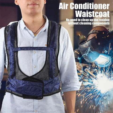 Heavy Duty Efficiency Cooling Waistcoat For Welders Provides Instant Chilled Vortex Air Flow Protection Against High Heat And Humidity In Foundries Ensures All Day Ergonomic Fit And Safety During Radiant Heat Tasks worn by a person.