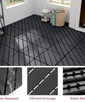 Interlocking 12x12 Outdoor Deck Tiles 9 Pack DIY Friendly Heavy Duty Plastic Patio Pavers with drainage, dark grey installation view.