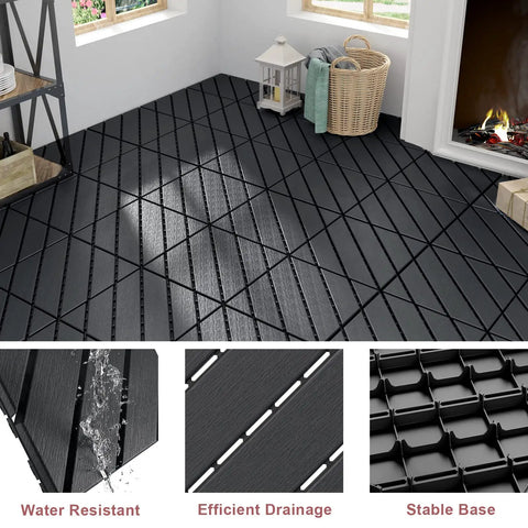Interlocking 12x12 Outdoor Deck Tiles 9 Pack DIY Friendly Heavy Duty Plastic Patio Pavers with drainage, dark grey installation view.