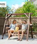 Family on Three Seat Outdoor Porch Swing With Stand And Side Tables, Wooden Patio Swing Bench With Steel Chains, brown finish