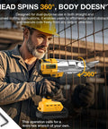 Man using Cordless Metal Shears 20V Max Bare Tool Pro Grade for 14 Gauge Cutting with 360 Degree Pivoting Head on construction site