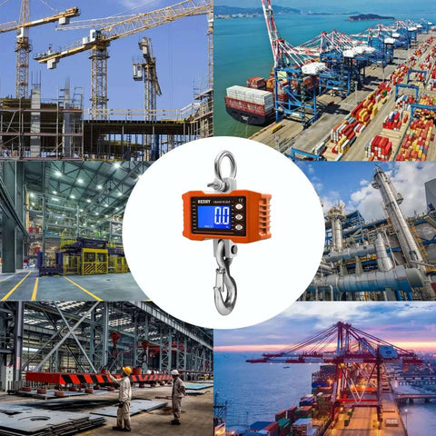 Digital Crane Scale Heavy Duty 2200lb 1000kg Hanging Scale For Farm Livestock Factory Construction And Hunting CE Certified Aluminum Alloy Built Tough With High Precision Sensors surrounded by various industrial settings.