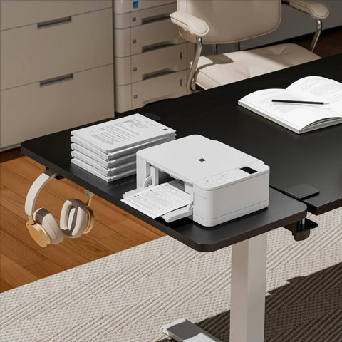 Heavy Duty Desk Extender Tray With Secure Laptop Holder And Generous Extra Surface Solid Keyboard Shelf That Seriously Levels Up Your Home Office Flex In Sleek Black with printer, papers, and headphones.