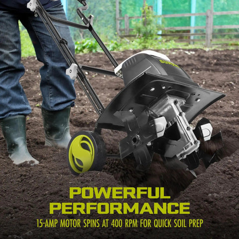 Person using Corded Electric Garden Tiller And Cultivator With 15 Amp Motor 6 Steel Tines And 15.7 Inches Tilling Width for soil prep