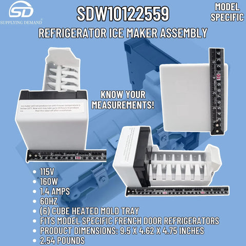 Replacement Ice Maker Assembly For French Door Refrigerators, W10122559 4440694, 6-Cube Heated Mold Tray dimensions and details