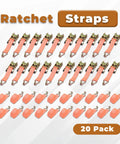 20 Pack Heavy Duty Cargo Tie Down Straps 1.5 Inches By 20 Feet Galvanized Steel Ratchet Belts Featuring 4000 Lbs Breaking Strength arranged neatly.