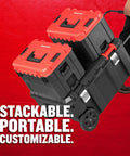 VersaStack 30 Gallon Quick Access Rolling Tool Chest With Half Lid Top stacked with two boxes, durable red and black design on wheels