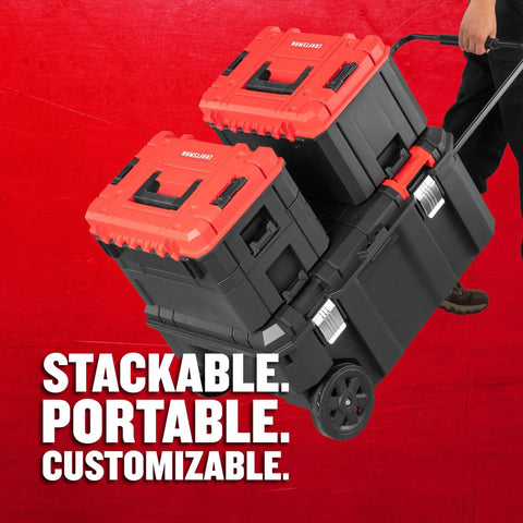 VersaStack 30 Gallon Quick Access Rolling Tool Chest With Half Lid Top stacked with two boxes, durable red and black design on wheels