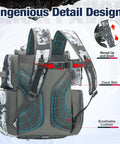 Back view of heavy duty fishing backpack with adjustable chest belt and breathable cushion, made from 1200D water-resistant nylon.