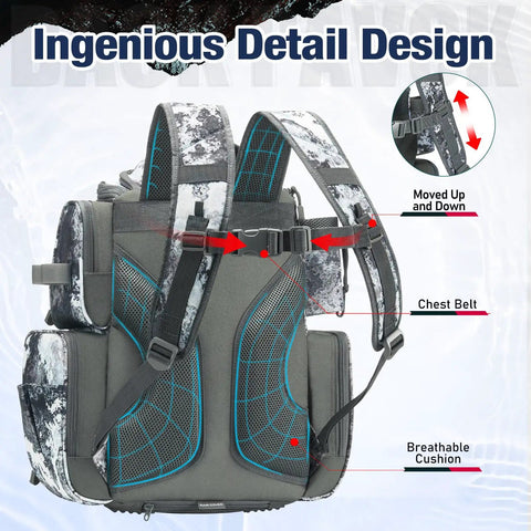 Back view of heavy duty fishing backpack with adjustable chest belt and breathable cushion, made from 1200D water-resistant nylon.