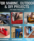 Tough As Nails Marine Grade Type T50 Stainless Steel Staple Gun Nails shown in various DIY projects like upholstery and woodworking.