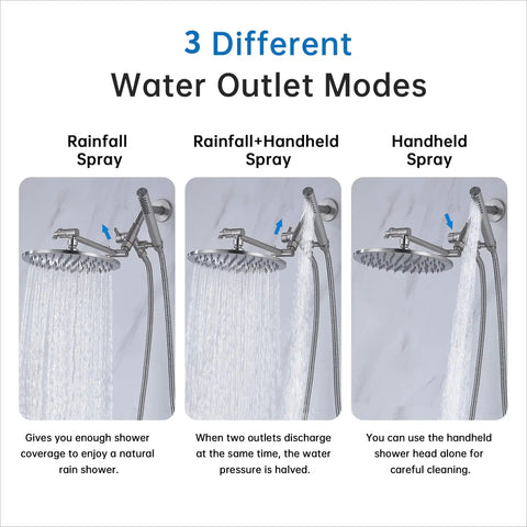 All Metal Dual Shower Head Kit With Rainfall Shower Head And Handheld Wand showing 3 water outlet modes