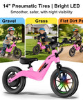 Electric Balance Bike For Kids Ages 3 To 7 With 14 Inch Pneumatic Tires, 24V 270W Motor, Kick To Start Safe Ride, Rear Drum Brake, 3 Speeds Up To 9.3 MPH, Lightweight Magnesium Alloy Frame, Adjustable Seat Pink on gravel and grass
