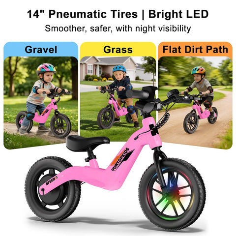 Electric Balance Bike For Kids Ages 3 To 7 With 14 Inch Pneumatic Tires, 24V 270W Motor, Kick To Start Safe Ride, Rear Drum Brake, 3 Speeds Up To 9.3 MPH, Lightweight Magnesium Alloy Frame, Adjustable Seat Pink on gravel and grass