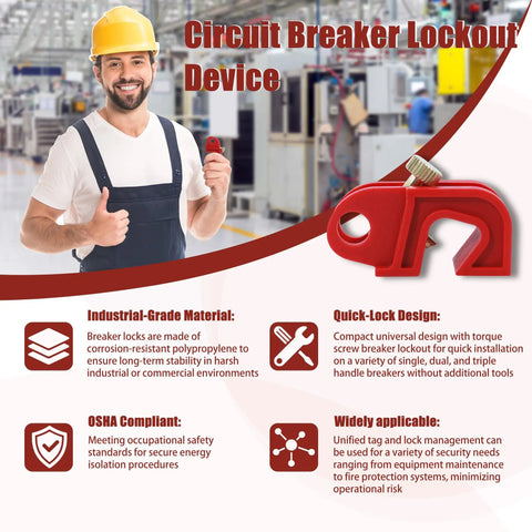 Universal Circuit Breaker Lockout Kit With Quick Lock Design For Single Double And Triple Pole Breakers ISO DIN Safety Compliance Lockout Tagout Set 5 Pack Must Have - industrial setting with lockout device and worker in the background.
