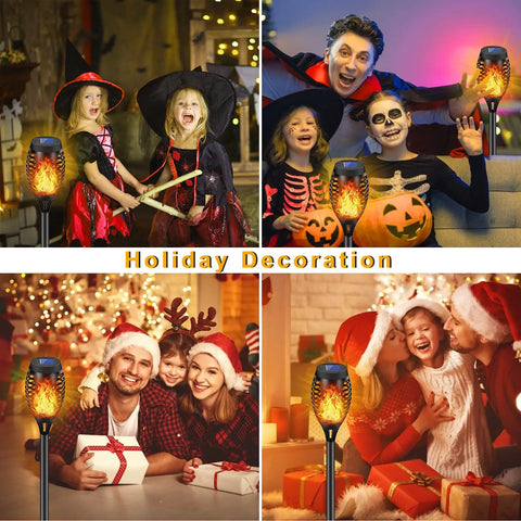 Families celebrating with 14 Pack Solar Torches With Flickering Flames 12 LED Outdoor Tiki Torch Lights for holiday decor