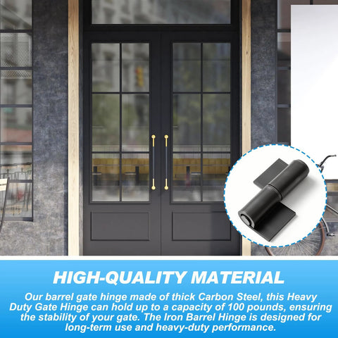 Four Pack Heavy Duty Weld On Gate Hinges Set Of 4 Barrel Style Steel Hinges With Detachable Pins Four Gauge Thick shown inset.