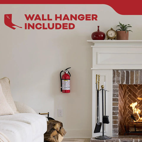 Home Fire Extinguisher For Residential And Living Areas 2A10BC With All Metal Construction mounted beside fireplace