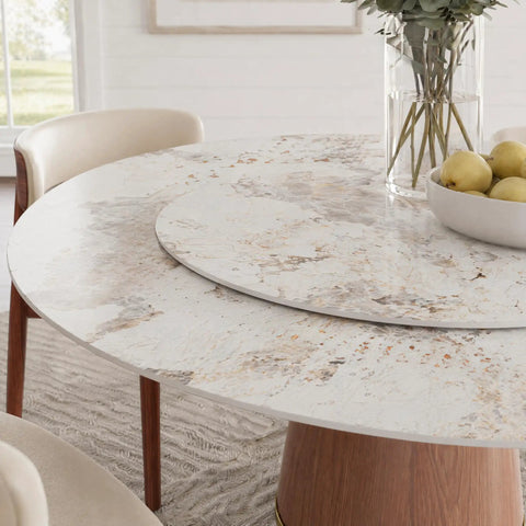 Built Different 53 Inch Round Dining Table Featuring Removable Lazy Susan Gold Ring Faux Marble Top with fruit bowl