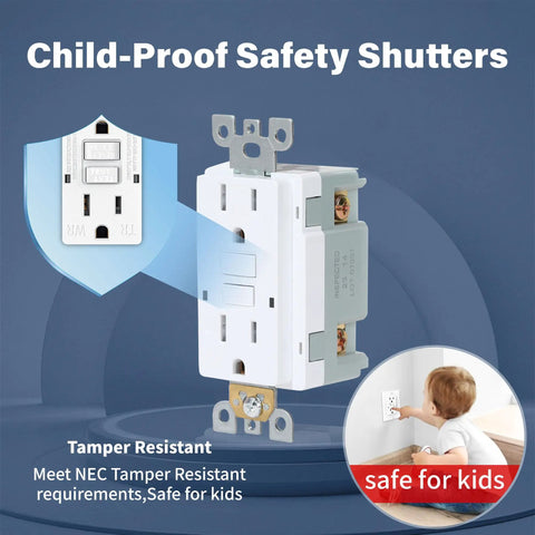 GFCI Outlet With Tamper Resistant Design, 15 Amp Self Test GFI Receptacle, child safety shutters, white, safe for kids