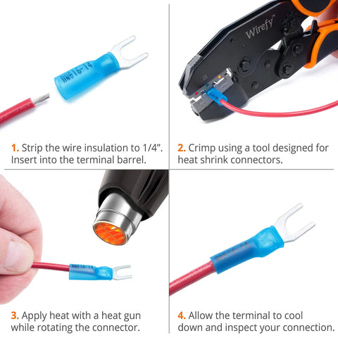 Step-by-step guide using Heat Shrink Fork Connectors Blue Marine Grade 16-14 Gauge Built To Last Spade Terminals With Heat Activated Adhesive