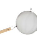 Fine Mesh Strainer 8 Inch Diameter With Deep Bowl In Stainless Steel Tan And Silver Handle Hanging Loop And Sturdy Wire Grip