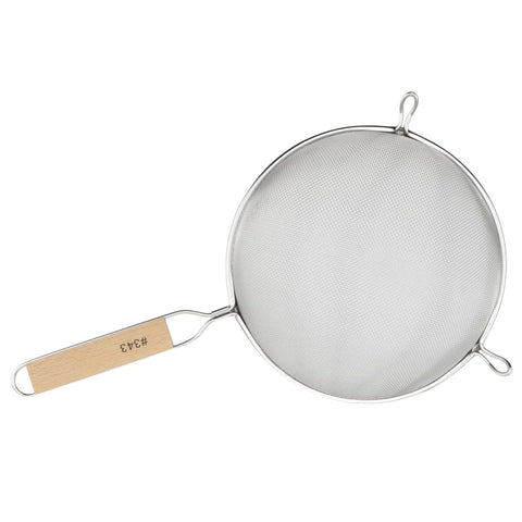 Fine Mesh Strainer 8 Inch Diameter With Deep Bowl In Stainless Steel Tan And Silver Handle Hanging Loop And Sturdy Wire Grip