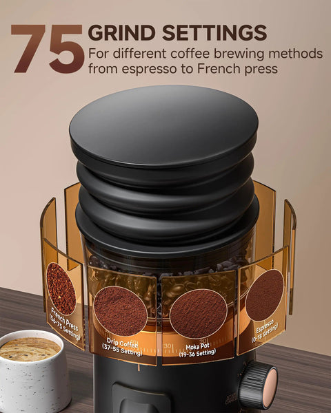 Level Up Your Daily Brew With This Bang For Your Buck Electric Coffee Grinder Featuring 75 Stepless Speeds And A Premium 40mm Burr for grind settings.