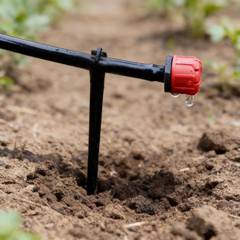 Close-up of a black 200 Pieces Drip Irrigation Support Stake securing 1/4 inch tubing, watering soil in a garden.