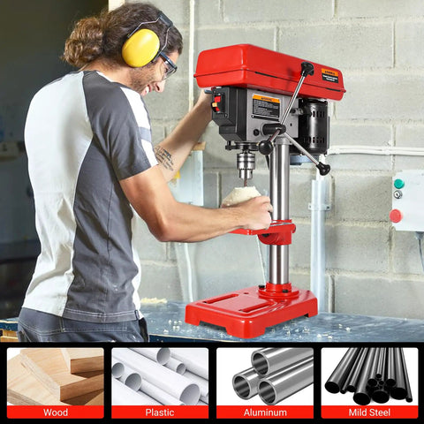 Person using 8-Inch Do-It-All Benchtop Drill Press With Five Speeds From 620 To 3100 RPM, 0 To 45 Degree Tilting Table